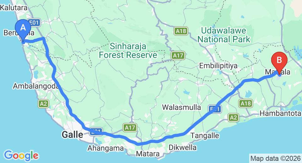 Driving route map: Aluthgama to Mattala (HRI) Airport (170 km, approx 2 h 13 min private transfer)