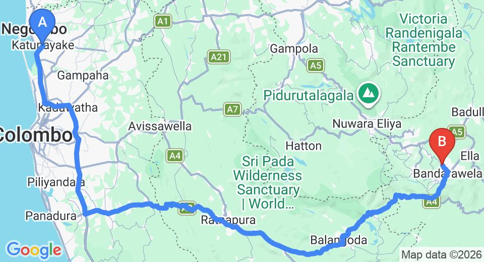 Driving route map: Colombo Airport (CMB) to National Holiday Resort - Bandarawela, Bandarawela (221 km, approx 5 h 26 min private transfer)