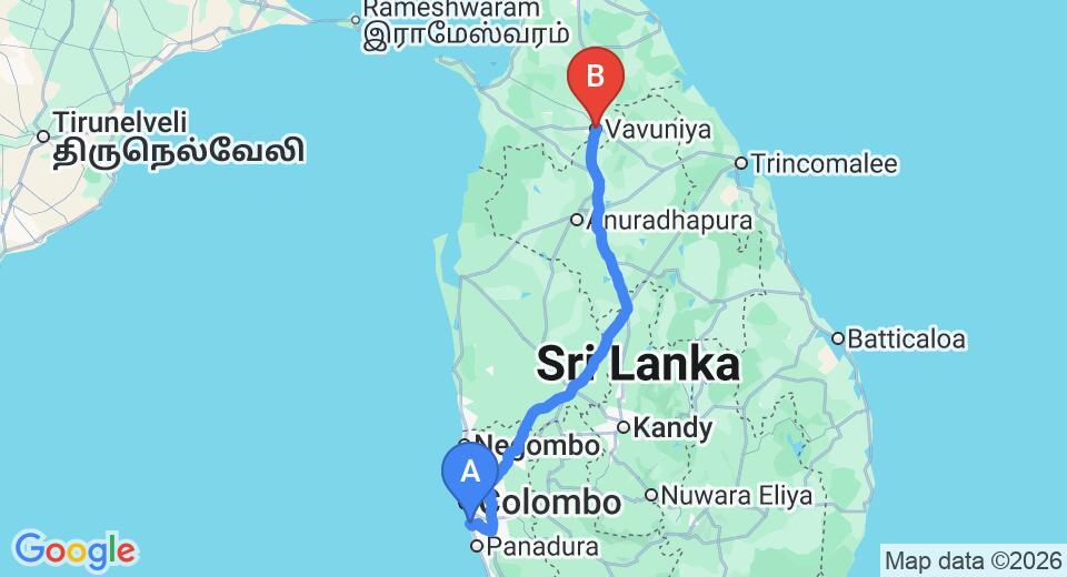 Driving route map: Ratmalana (RML) Airport to Vavuniya (280 km, approx 5 h 42 min private transfer)