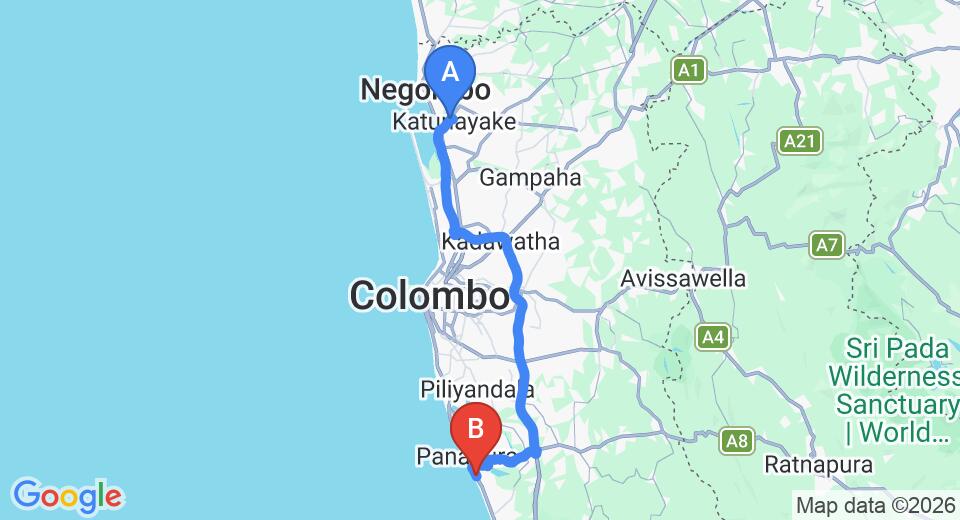 Driving route map: Colombo Airport (CMB) to River View Hotel, Wadduwa (77 km, approx 1 h 24 min private transfer)