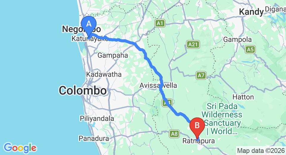 Driving route map: Colombo Airport (CMB) to Ratnapura (94 km, approx 2 h 40 min private transfer)
