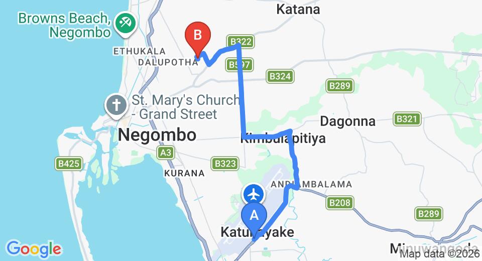 Driving route map: Colombo Airport (CMB) to Negombo Village Guesthouse, Negombo (13 km, approx 27 min private transfer)