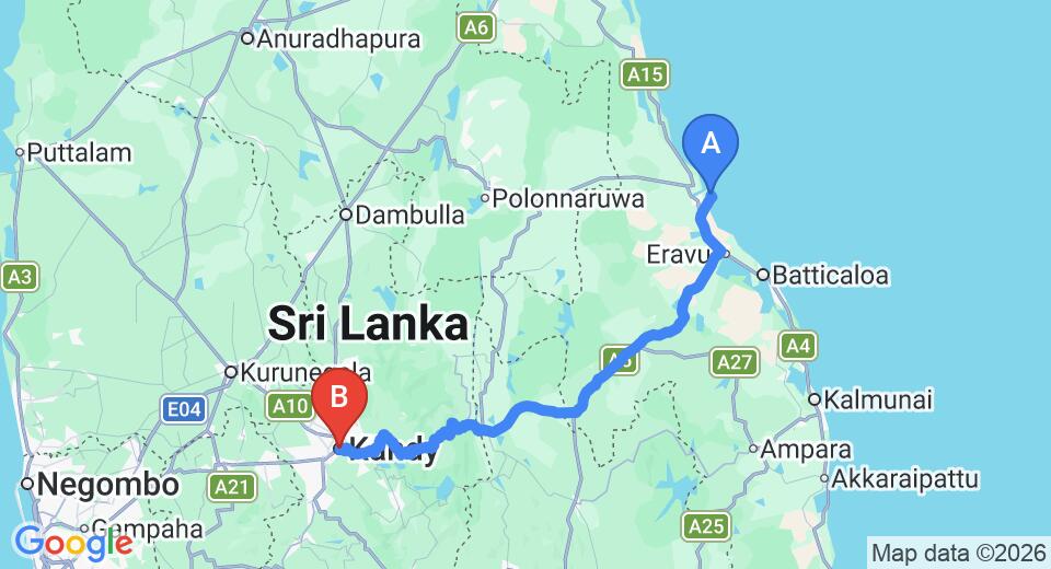 Driving route map: Pasikuda to Kandy (189 km, approx 4 h 21 min private transfer)