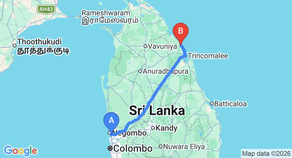 Driving route map: Colombo Airport (CMB) to Jungle Beach by Uga Escapes , Trincomalee (259 km, approx 5 h 18 min private transfer)