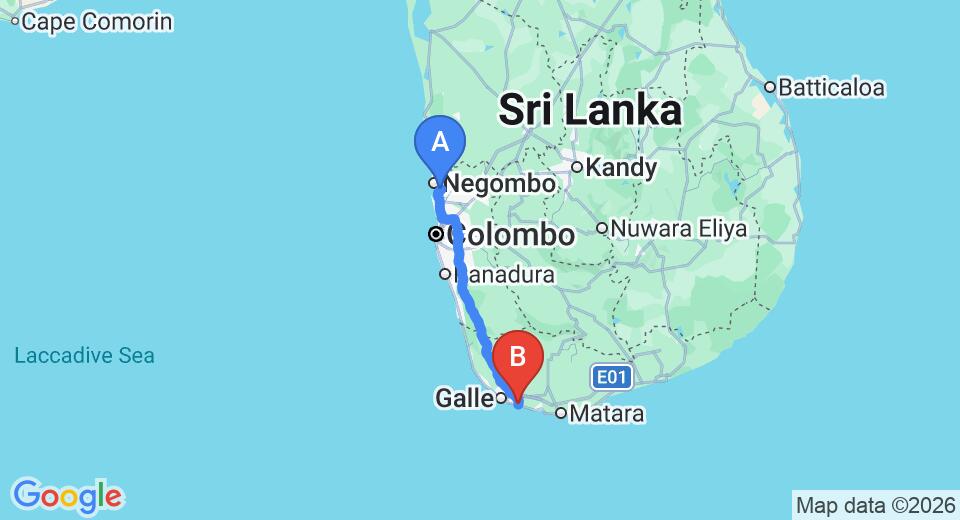 Driving route map: Colombo Airport (CMB) to Habaraduwa (157 km, approx 2 h 19 min private transfer)