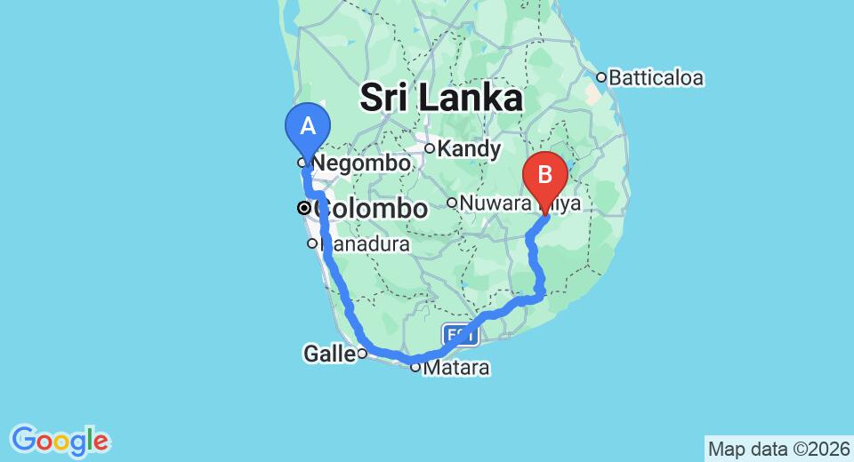 Driving route map: Colombo Airport (CMB) to Sudeesa Awanhala, Moneragala (346 km, approx 4 h 56 min private transfer)