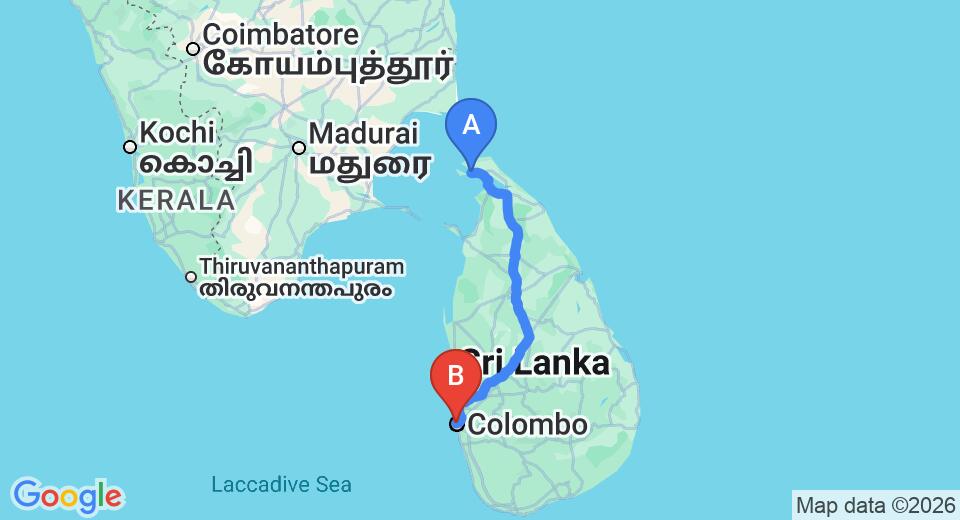 Driving route map: Jaffna to Colombo Seaport (406 km, approx 7 h 50 min private transfer)