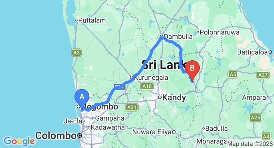 Driving route map: Colombo Airport (CMB) to Wasgamuwa (204 km, approx 4 h 16 min private transfer)