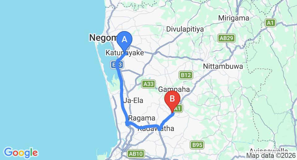 Driving route map: Colombo Airport (CMB) to Silvertrends, Kirillawala (35 km, approx 41 min private transfer)