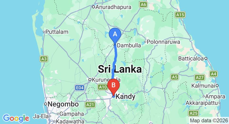 Driving route map: Dambulla to Kandy (73 km, approx 2 h 10 min private transfer)