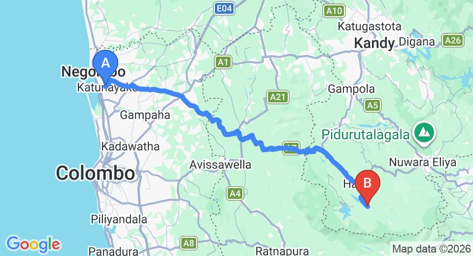 Driving route map: Colombo Airport (CMB) to Norwood (126 km, approx 3 h 57 min private transfer)