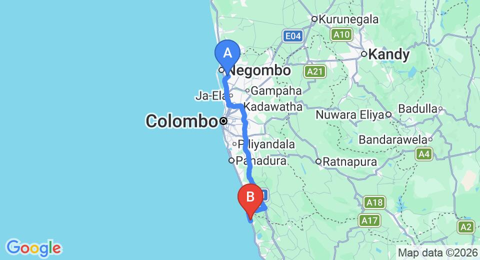 Driving route map: Colombo Airport (CMB) to Sea Rock Villa, Bentota (112 km, approx 1 h 47 min private transfer)