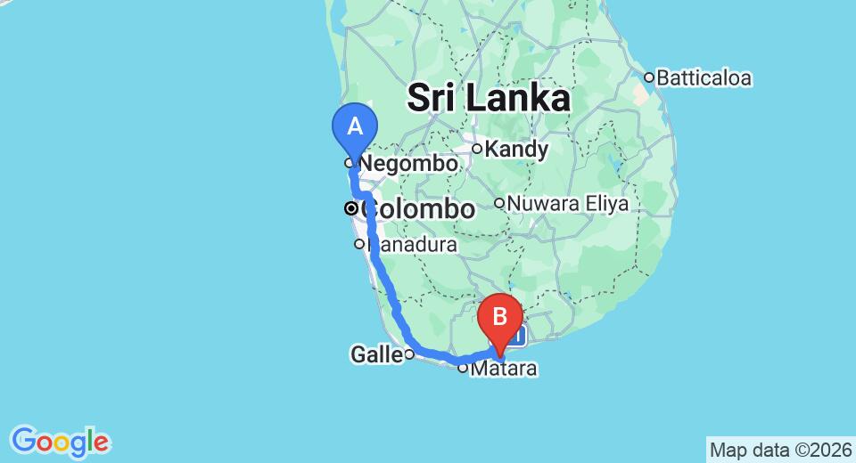 Driving route map: Colombo Airport (CMB) to Villa Lucky Star, Tangalle (213 km, approx 2 h 56 min private transfer)
