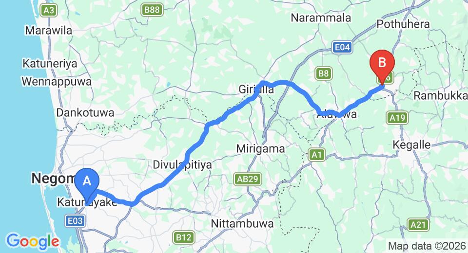 Driving route map: Colombo Airport (CMB) to Polgahawela (62 km, approx 1 h 40 min private transfer)