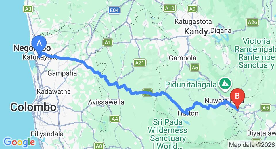 Driving route map: Colombo Airport (CMB) to Haggala (162 km, approx 4 h 59 min private transfer)