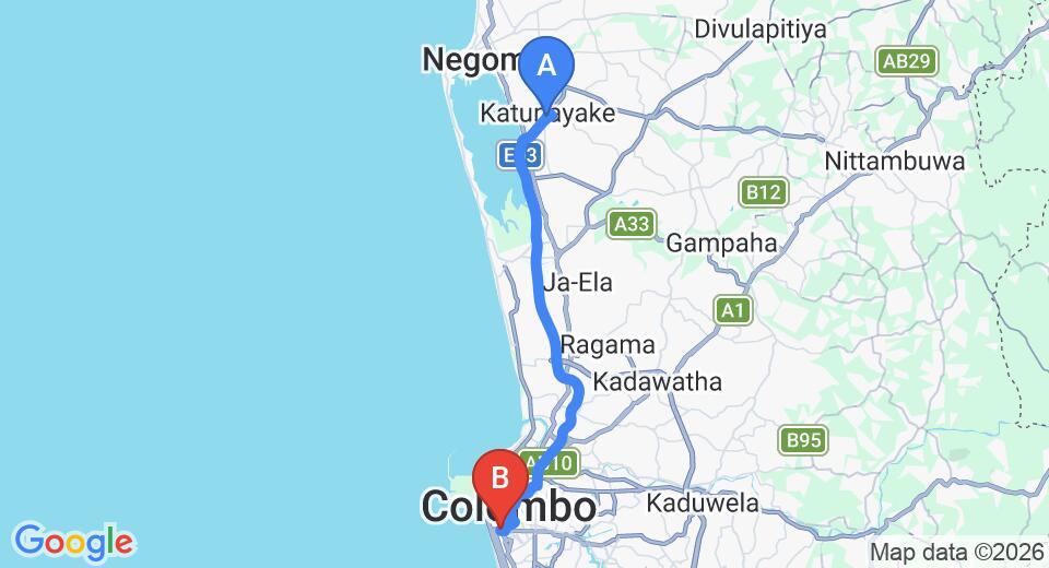 Driving route map: Colombo Airport (CMB) to Cinnamon Red, Colombo (35 km, approx 46 min private transfer)