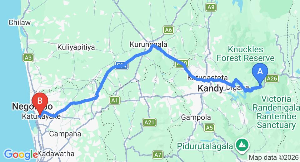 Driving route map: Hunnasgiriya to Colombo Airport (CMB) (149 km, approx 3 h 50 min private transfer)