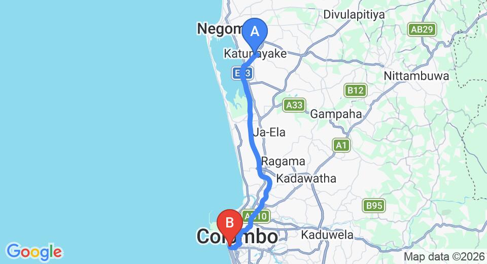 Driving route map: Colombo Airport (CMB) to Kollupitiya (35 km, approx 47 min private transfer)