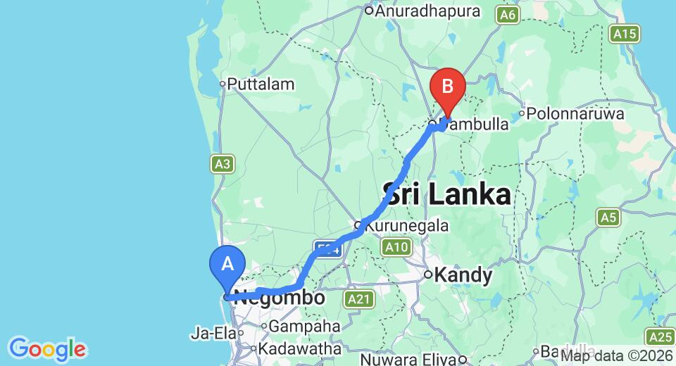 Driving route map: Negombo to Kandalama (142 km, approx 3 h 4 min private transfer)