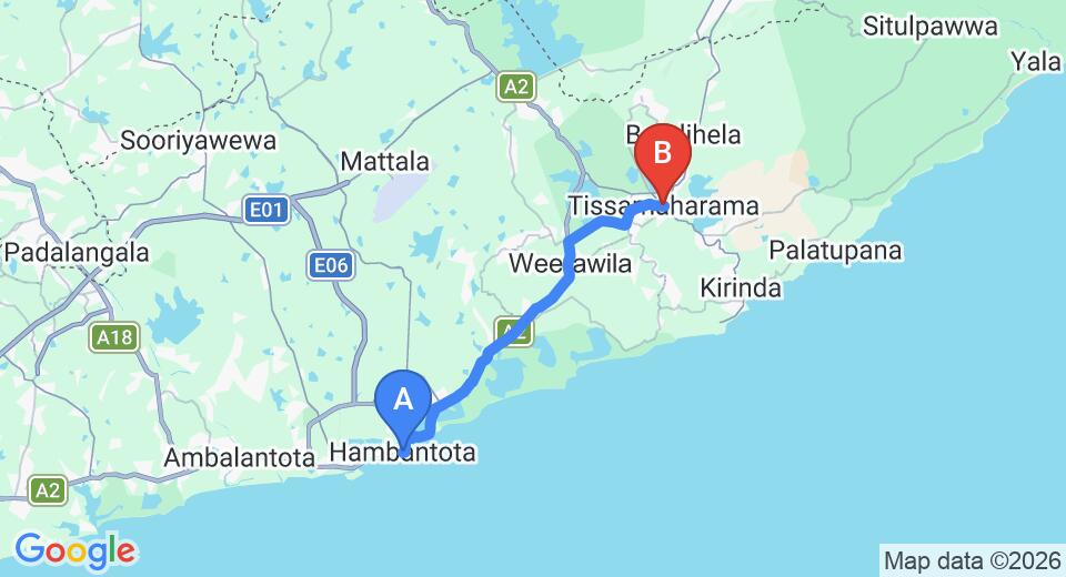 Driving route map: Hambantota to Tissamaharama (28 km, approx 37 min private transfer)