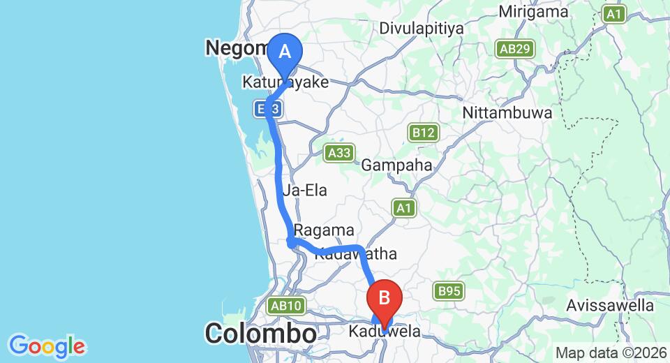 Driving route map: Colombo Airport (CMB) to Kaduwela (40 km, approx 44 min private transfer)