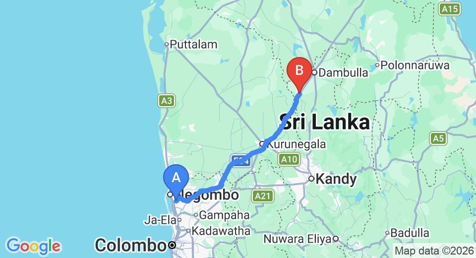 Driving route map: Colombo Airport (CMB) to Galewela (113 km, approx 2 h 26 min private transfer)