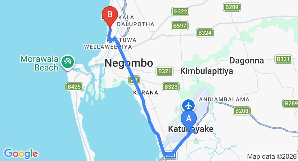Driving route map: Colombo Airport (CMB) to Marine Tourist Guest House, Negombo (12 km, approx 29 min private transfer)