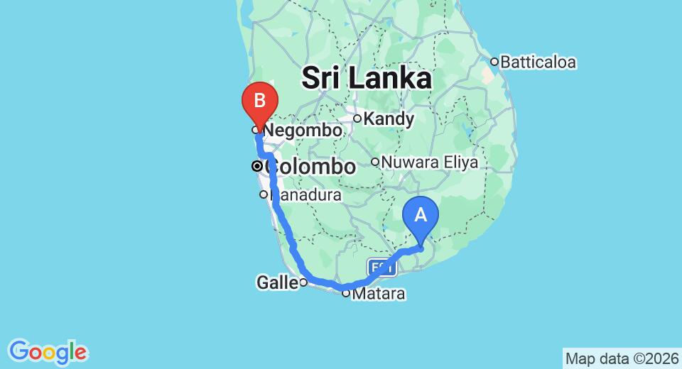 Driving route map: Mattala (HRI) Airport to Colombo Airport (CMB) (253 km, approx 3 h 8 min private transfer)