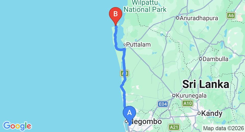 Driving route map: Colombo Airport (CMB) to Divyaa Lagoon, Kalpitiya (139 km, approx 3 h 14 min private transfer)