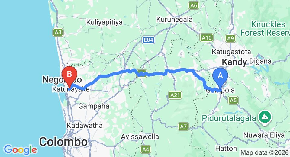 Driving route map: Gampola to Colombo Airport (CMB) (104 km, approx 3 h 3 min private transfer)