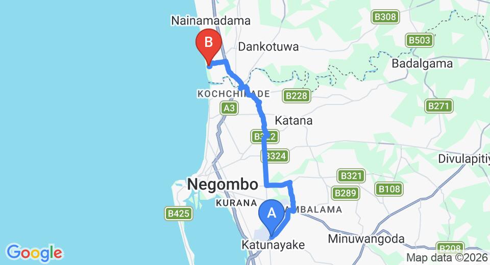 Driving route map: Colombo Airport (CMB) to Ranweli Holiday Village Waikkale Negombo, Negombo (20 km, approx 42 min private transfer)
