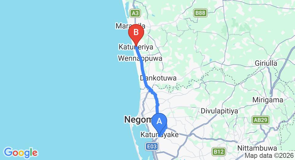 Driving route map: Colombo Airport (CMB) to Katuneriya (27 km, approx 52 min private transfer)