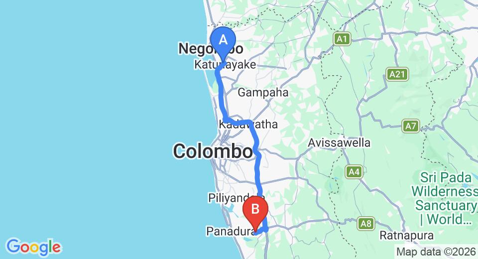 Driving route map: Colombo Airport (CMB) to Bolgoda (68 km, approx 1 h 7 min private transfer)