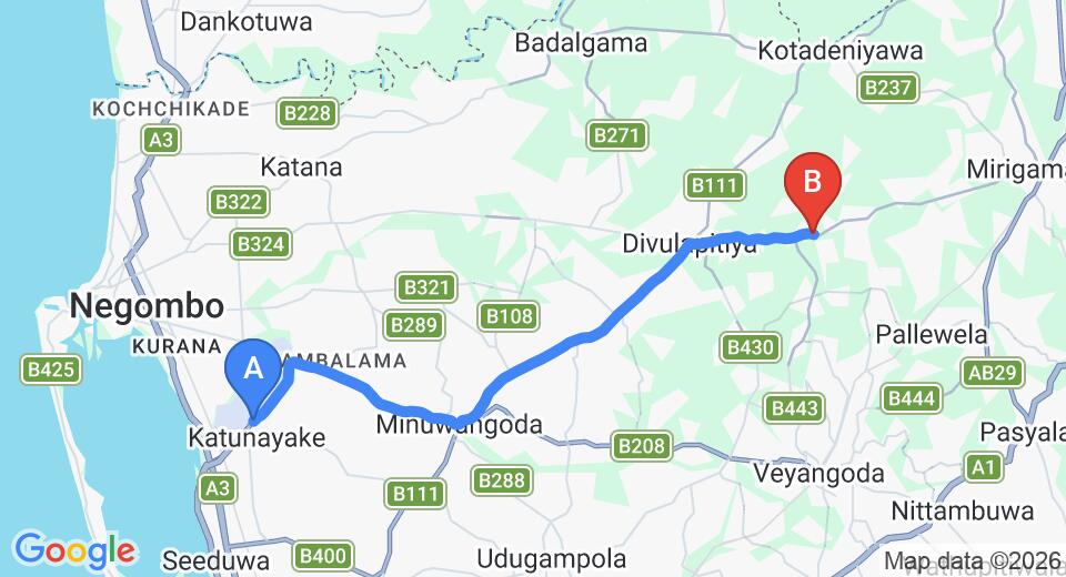 Driving route map: Colombo Airport (CMB) to Banduragoda (23 km, approx 44 min private transfer)