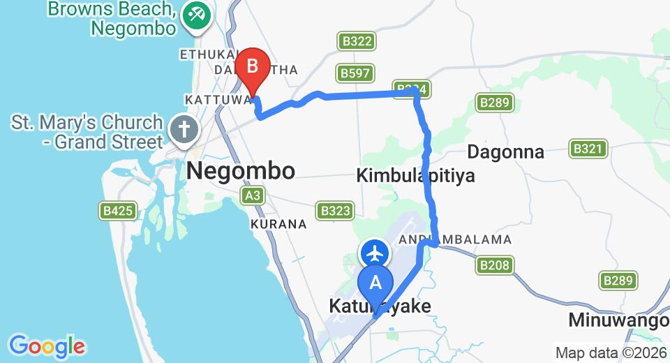 Driving route map: Colombo Airport (CMB) to Amaya Chalets, Negombo (12 km, approx 27 min private transfer)