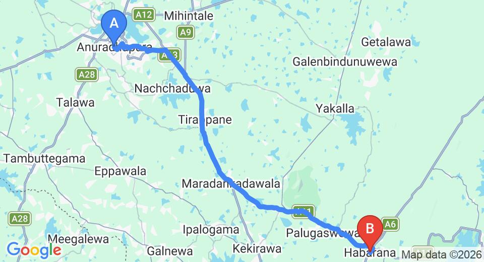 Driving route map: Anuradhapura to Habarana (59 km, approx 1 h 9 min private transfer)