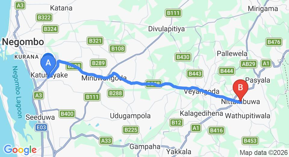 Driving route map: Colombo Airport (CMB) to Nittambuwa (27 km, approx 56 min private transfer)