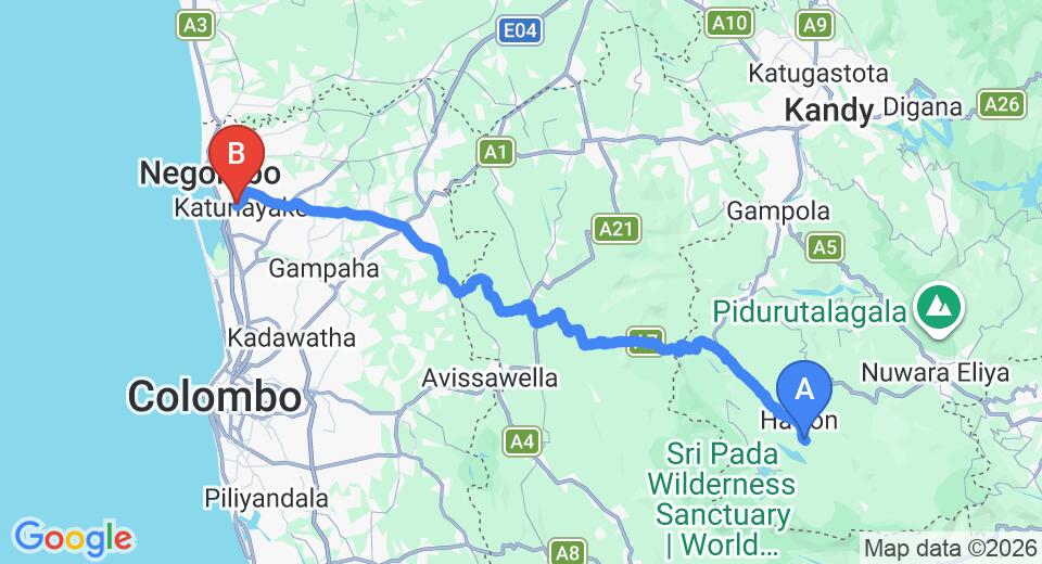 Driving route map: Dikoya to Colombo Airport (CMB) (121 km, approx 3 h 44 min private transfer)