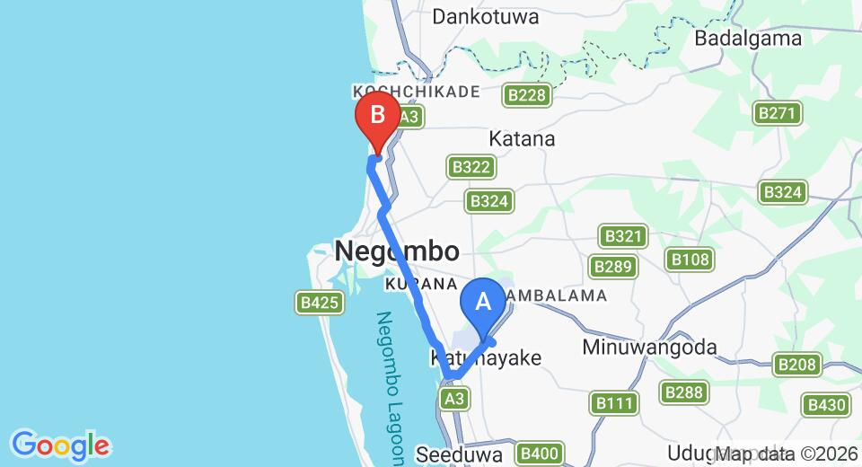 Driving route map: Colombo Airport (CMB) to Wind Mill Beach Hotel, Negombo (13 km, approx 33 min private transfer)