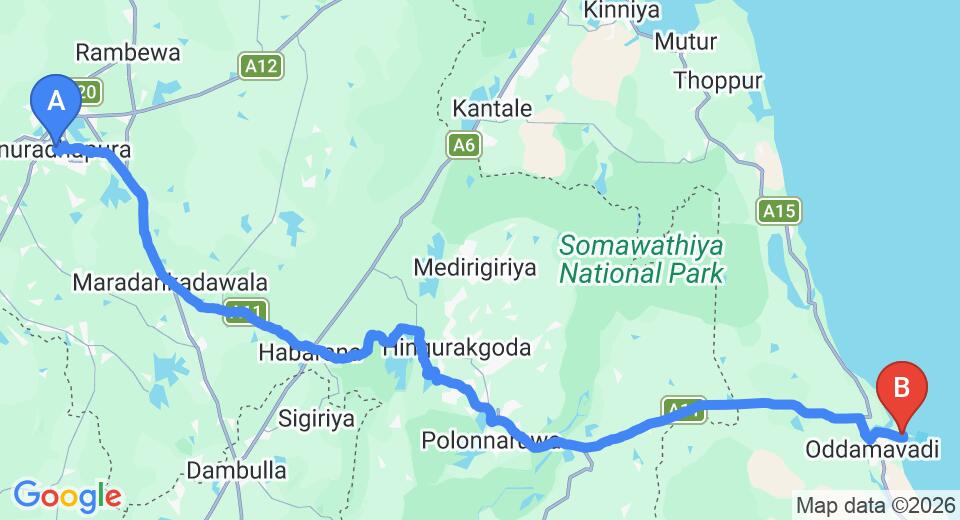 Driving route map: Anuradhapura to Pasikuda (172 km, approx 3 h 26 min private transfer)