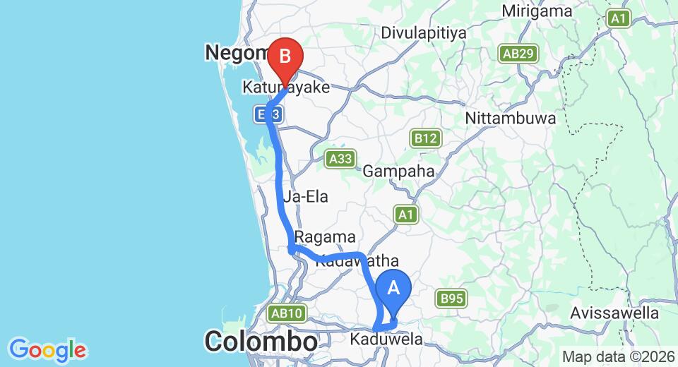 Driving route map: Biyagama to Colombo Airport (CMB) (38 km, approx 38 min private transfer)