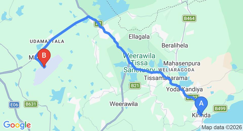 Driving route map: Kirinda to Mattala (HRI) Airport (38 km, approx 52 min private transfer)