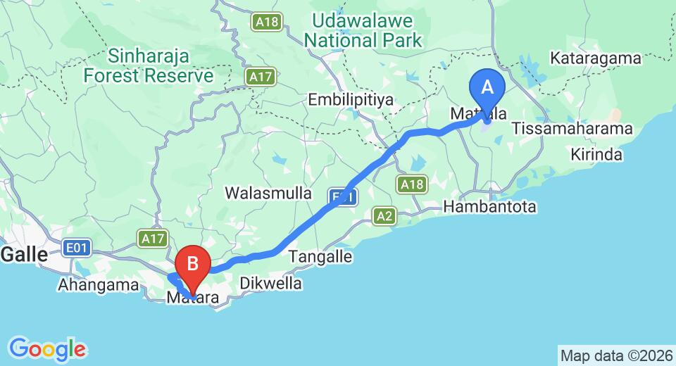 Driving route map: Mattala (HRI) Airport to Matara (89 km, approx 1 h 13 min private transfer)