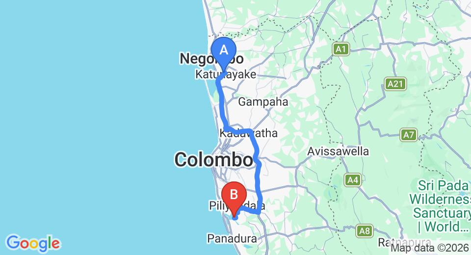 Driving route map: Colombo Airport (CMB) to Santhushti Villa, Piliyandala (66 km, approx 1 h 15 min private transfer)