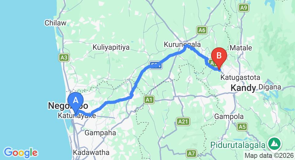 Driving route map: Colombo Airport (CMB) to The Flame Tree Estate and Hotel, Kandy (98 km, approx 2 h 19 min private transfer)