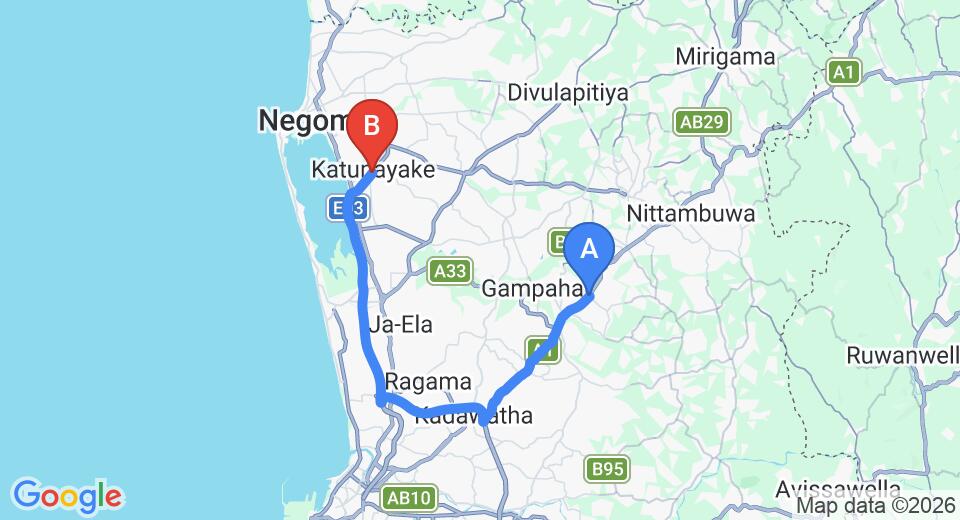 Driving route map: Yakkala to Colombo Airport (CMB) (41 km, approx 47 min private transfer)