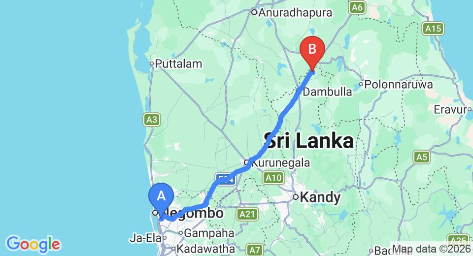 Driving route map: Colombo Airport (CMB) to Kassapa Lions Rock, Dambulla (145 km, approx 3 h 7 min private transfer)