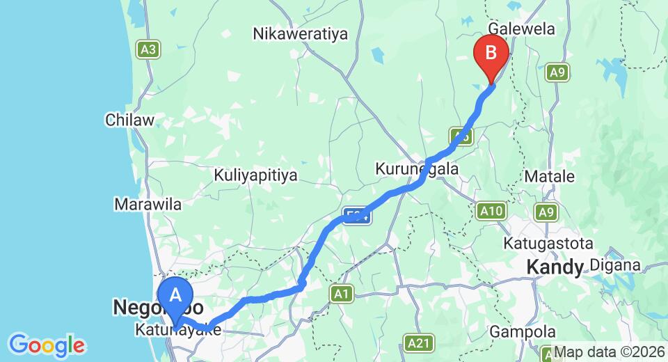 Driving route map: Colombo Airport (CMB) to Melsiripura (98 km, approx 2 h 8 min private transfer)