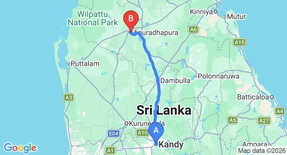 Driving route map: Kandy to Anuradhapura (136 km, approx 3 h 20 min private transfer)