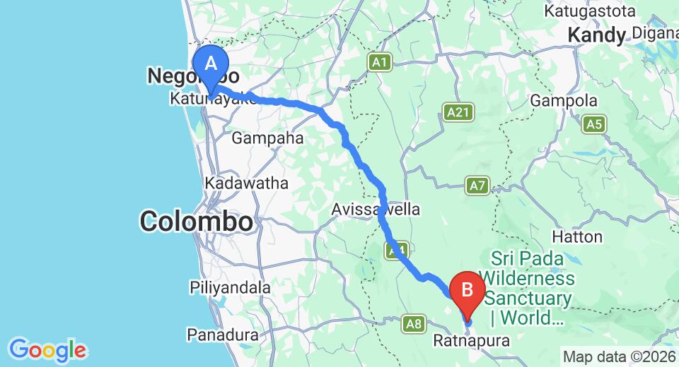 Driving route map: Colombo Airport (CMB) to Hotel Sapthapadhi, Ratnapura (90 km, approx 2 h 34 min private transfer)